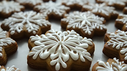 Fototapeta premium A close-up of intricately decorated snowflake gingerbread cookies, each featuring delicate white icing patterns