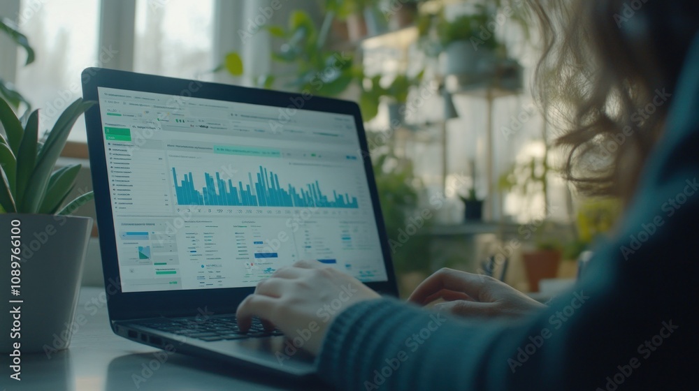 Poster woman working on laptop analyzing data graphs