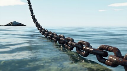 Rusty Chain in Ocean Water Leading to Island