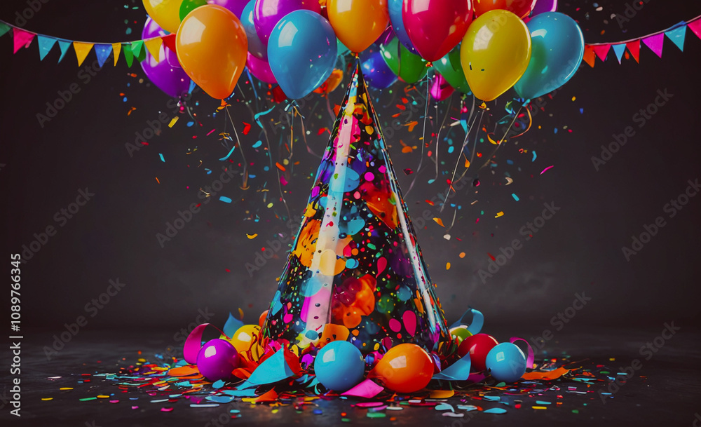 Poster a colorful party hat with a bunch of balloons on top of it. the balloons are in different colors and
