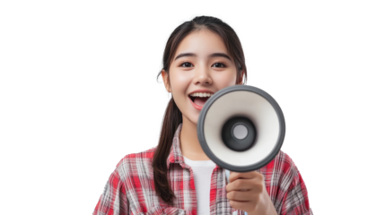  Smiling happy girl talking in megaphone or loudspeaker shouting loud Young woman look at camera tell discount promotion Use for advertisement She standing over islolated on white background