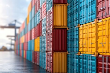 Fototapeta premium Colorful shipping containers stacked at a busy port during early morning light