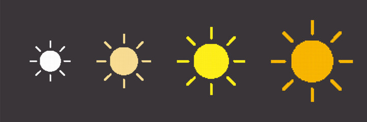 Pixel Art Yellow Sun Icon Set. Retro Weather Symbol Collection. 8 Bit Video Game Concept. Isolated Vector Illustration