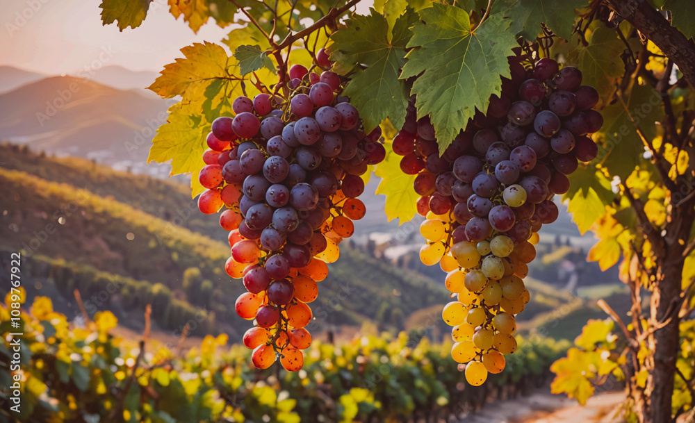 Poster a bunch of grapes hanging from a vine. the grapes are ripe and ready to be picked. the vine is surro