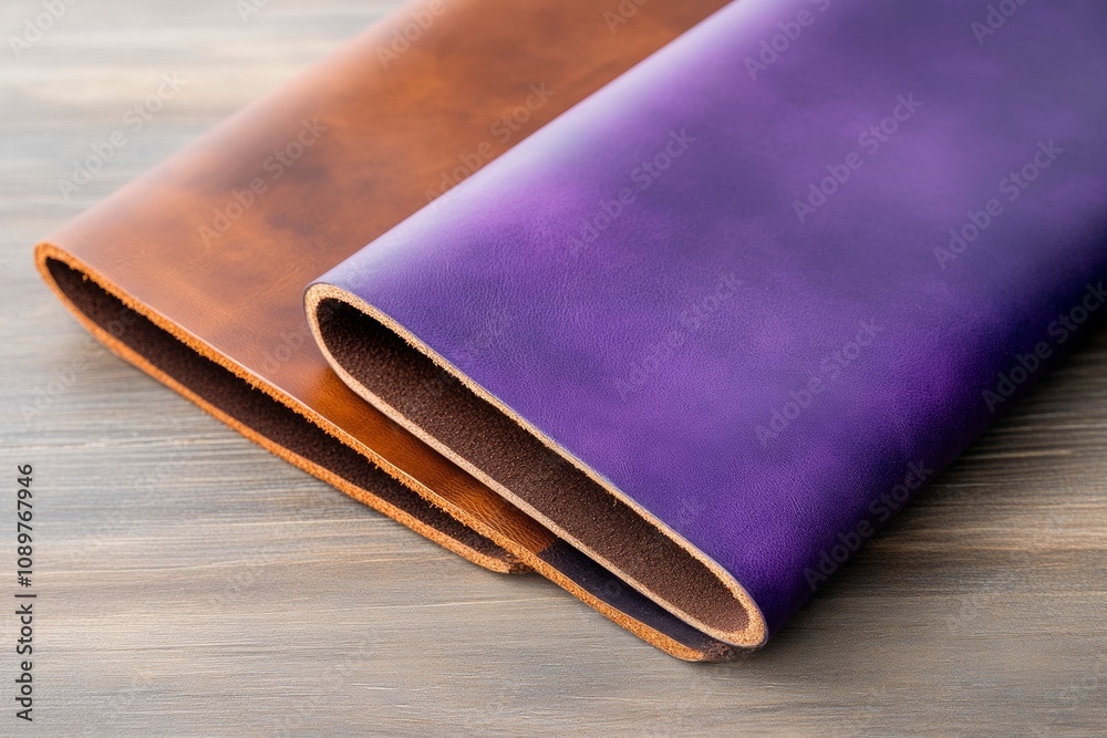 Poster Elegant combination of rich brown leather and deep purple minimalist accents with visible texture