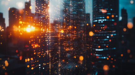 Smart digital Innovation Business skyscrapers in the Financial District with connection network reciprocity over the cityscape. of future smart wireless digital city and social media networking