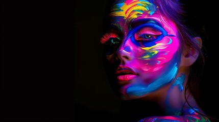 A vibrant portrait of a woman with colorful face paint, showcasing artistic expression and creativity.