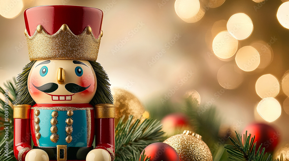 Poster A colorful nutcracker figure is surrounded by shiny ornaments and evergreen branches, setting a cheerful holiday atmosphere