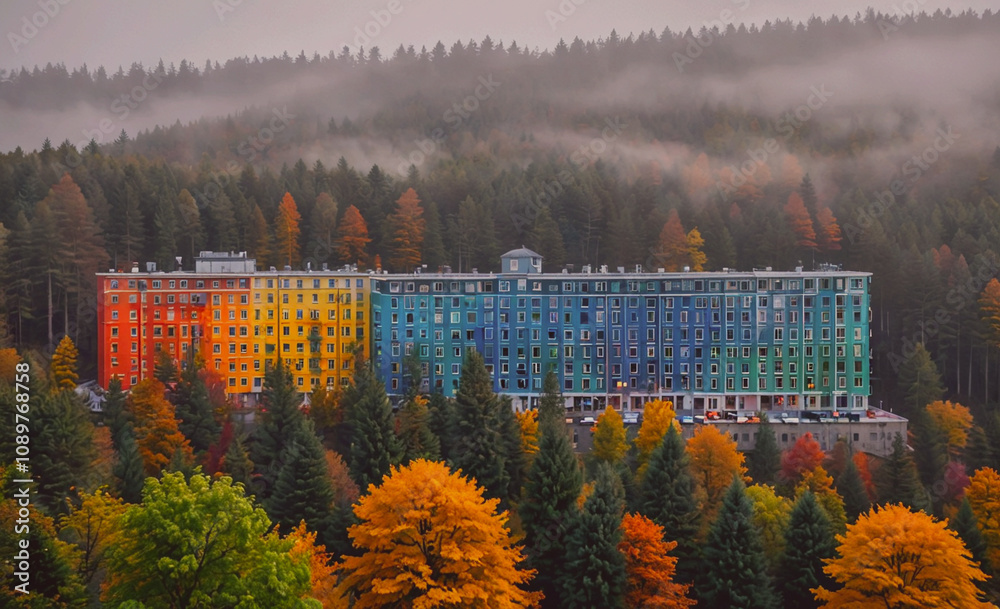 Aufkleber A colorful building with a rainbow of colors is seen in the distance. The building is surrounded by trees and the sky is cloudy