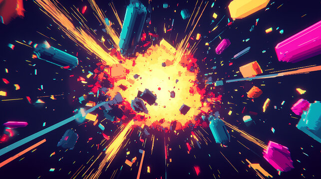 Pixelated bomb explosion into colorful digital particles and game artifacts. Retro Arcade Chaos. Illustration