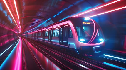Fototapeta premium A futuristic train traveling through a neon-lit tunnel, showcasing modern transport technology.