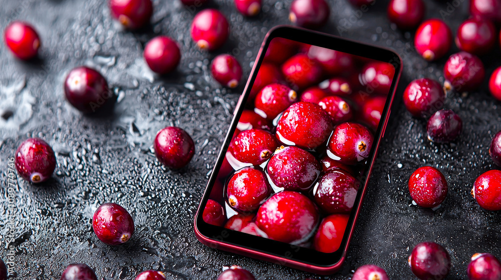 Poster a sleek smartphone showcases vivid red cranberries on its screen, surrounded by real cranberries on 