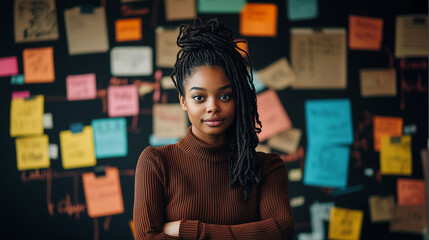 Motivated young Black student in a vibrant classroom setting featuring imaginative notes, sketches, and history-themed artwork, reflecting curiosity and educational growth
