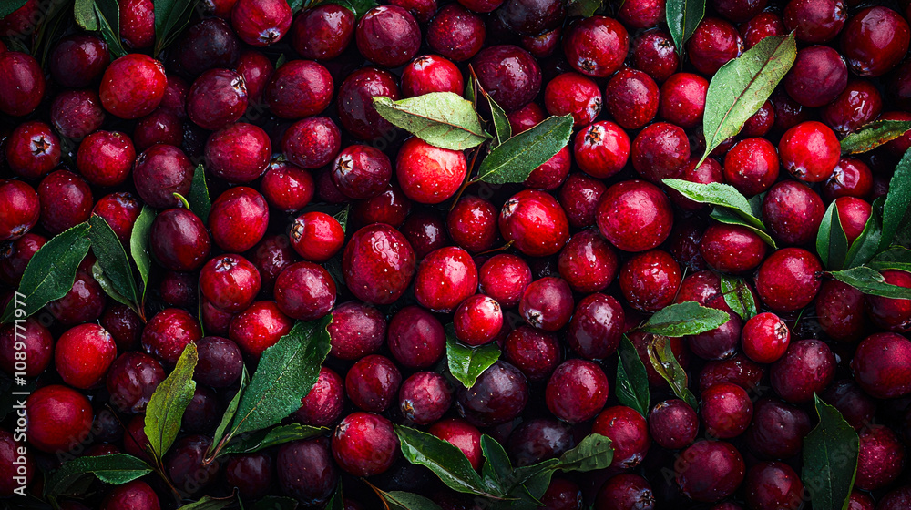 Poster ripe cranberries in various shades of red mixed with vibrant green leaves create a striking visual o