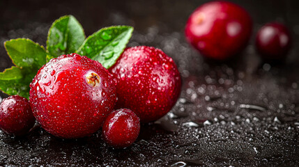 Juicy red cranberries accompanied by vibrant green leaves glisten with water droplets on a dark surface