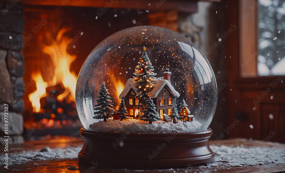 Poster A snow globe with a house and trees inside. The snow globe is sitting on a table next to a fireplace. The scene is cozy and warm, perfect for the holiday season