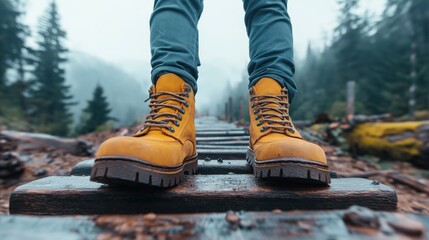 In a serene forest setting, a hiker with vibrant yellow boots stands on wooden beams. The misty atmosphere enhances the adventure and tranquility of exploring natures beauty