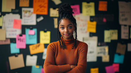 Engaged young Black female student in a classroom filled with colorful notes, imaginative sketches, and history-inspired art, embracing the joy of discovery and education