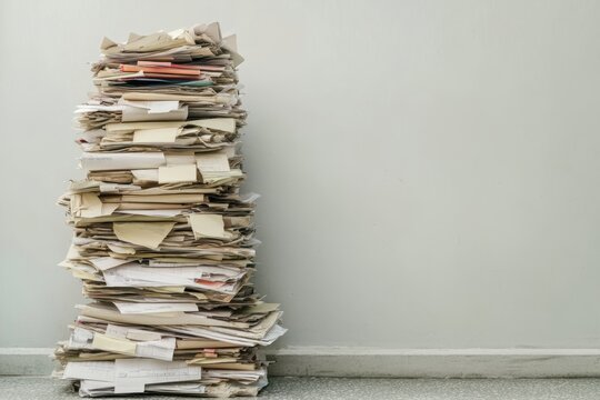 A towering pile of unorganized papers in a minimalist office setting during daytime