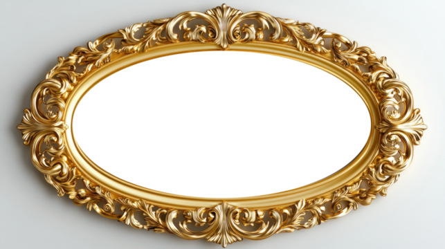 A luxurious golden oval frame with intricate detailing, perfect for framing portraits or mirrors, radiating elegance and sophistication.