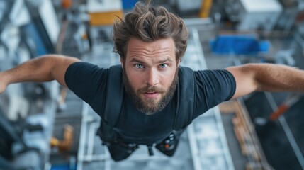 High above the ground, a man confidently executes a daring stunt while harnessed for safety at a busy construction site, showcasing his athleticism and bravery