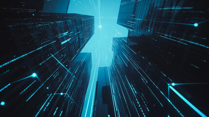 Obraz premium Smart digital Innovation Business skyscrapers in the Financial District with connection network reciprocity over the cityscape. of future smart wireless digital city and social media networking