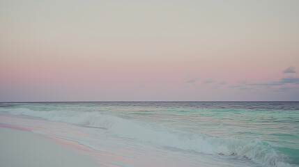Obraz premium the ocean waves hitting a white sand beach, with a pastel pink and lavender sky 