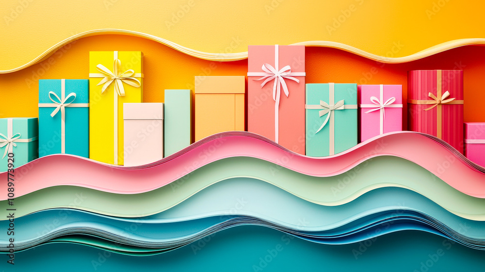 Poster a variety of brightly colored gift boxes are neatly arranged along a wavy paper backdrop, creating a