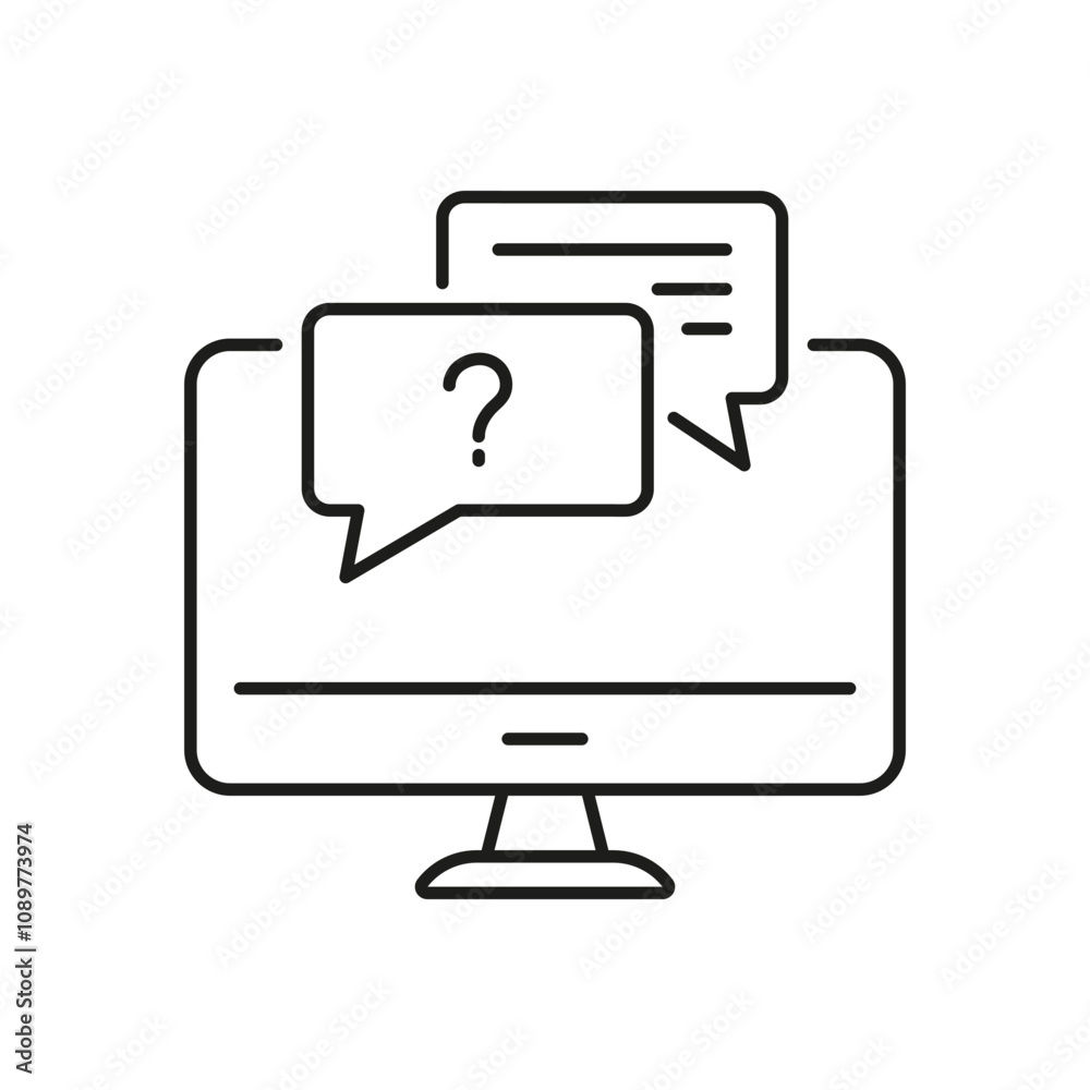 Fototapete desktop computer with message speech bubbles line icon. online support outline symbol. help, communi