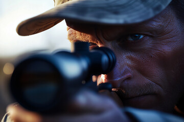 Big game hunter taking aim through their scope, the tension and focus of the moment captured, the adrenaline of the hunt.