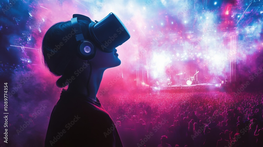 Poster a concertgoer fully engaged in a virtual reality experience stands amidst a colorful, illuminated cr