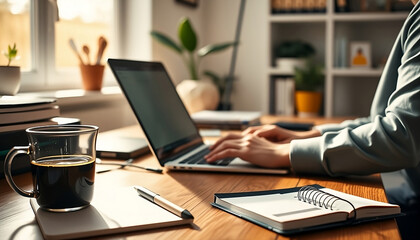 Freelancer working from home office typing on laptop with coffee and notebook