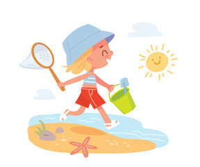 Blonde girl is relaxing at sea, walking along the seashore in a good mood, childrens summer vacation camp, summer school holidays, bright sun is shining, good weather, childhood memories