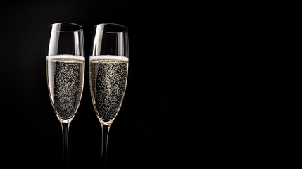   Two champagne flutes filled with champagne on a black background