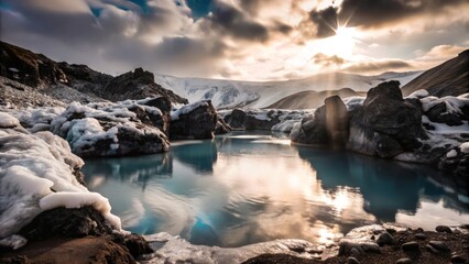 Obraz premium winter wellness vacation in geothermal springs in snowy volcanic landscape and blue lagoon, creating a stunning natural scenery with a tranquil ambiance, Iceland 