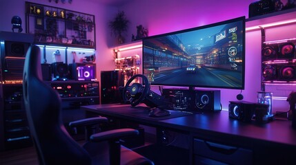 Fototapeta premium Immersive gaming room with racing simulator setup featuring steering wheel, pedals, and large monitor in a vibrant, well-lit environment