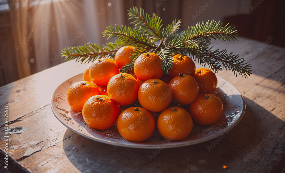 Aufkleber A plate of oranges is on a wooden table. The oranges are arranged in a way that they look like they are on a tree. The plate is white and the oranges are orange. Scene is warm and inviting