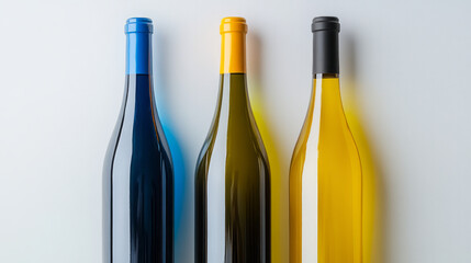 Three wine bottles in various colors on a white background