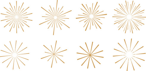 Starburst set, gold vector line art radial starburst shape set, burst clip art illustration, abstract fireworks, isolated