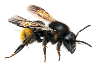 Flying carpenter bee, featuring its characteristic fuzzy body and strong wings isolated on transparent background