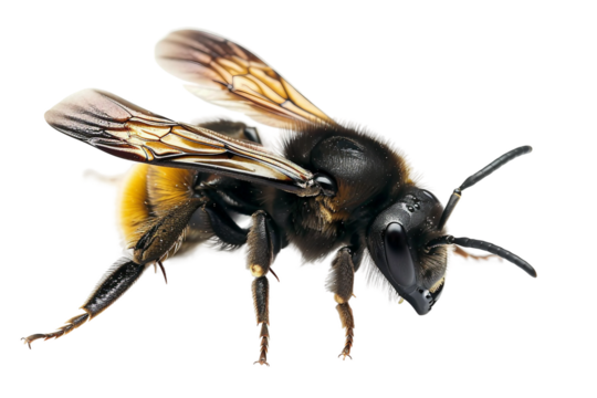 Flying carpenter bee, featuring its characteristic fuzzy body and strong wings isolated on transparent background