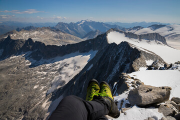 Mountain landscape from the summit of Adamello and view on the glacier in Italian alps, Adamello Park, Lombardy, Italy