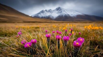 Fototapeta premium Wildflowers in front of a snow-capped mountain with a cloudy sky