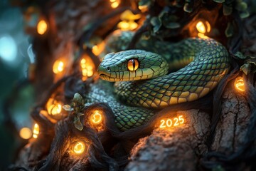 Fototapeta premium Snake that is sitting on a tree with lights, 2025 year