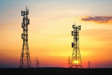 Fototapeta premium Telecommunication towers silhouetted against a vibrant sunset sky near a rural landscape