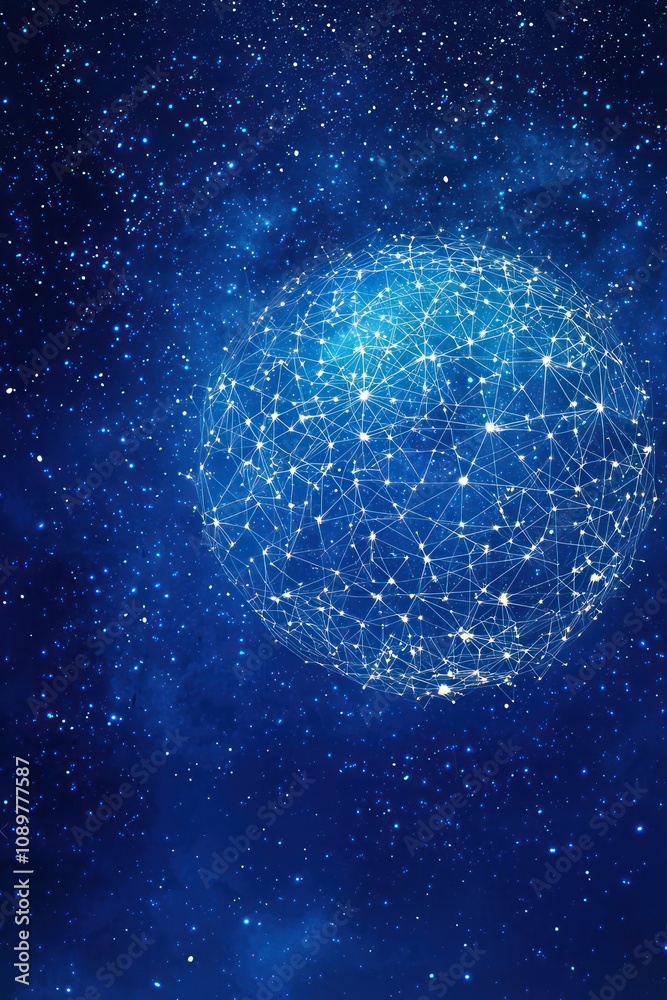 Wall mural digital globe made of glittering stars and connected lines on deep blue background