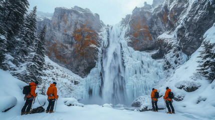 Four hikers in orange jackets observing a frozen waterfall in snowy mountains