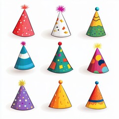 Colorful party hats in various designs for festive celebrations.