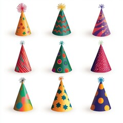 Colorful party hats arranged in a vibrant grid for festive celebrations.