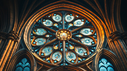 Obraz premium Close-up of a gothic rose window, intricately designed with stained glass depicting dark and mystical symbols.